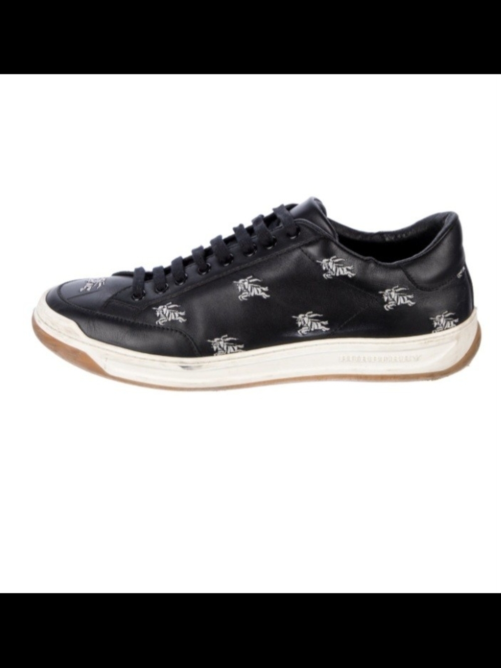 Authentic Burberry Men's Black Leather Low-Top Sneakers with Embroidered Detail